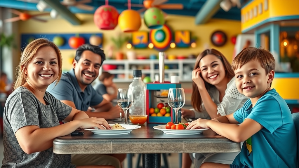 Joyful family dining at vibrant restaurant in Los Cabos with children playing in designated play area - family-friendly Cabo restaurants