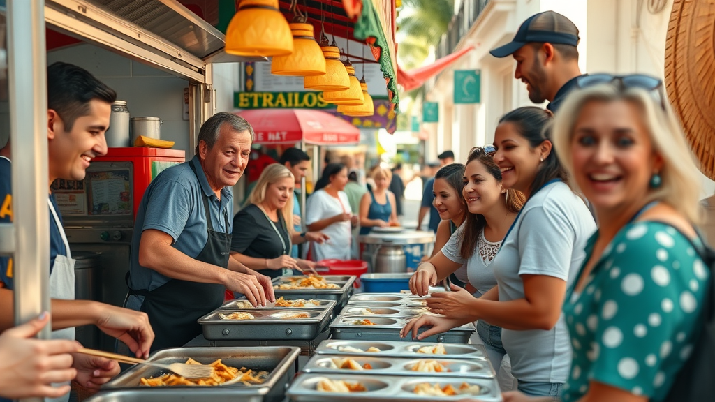 Authentic Cabo San Lucas street food scene with taco vendors and smiling locals and tourists - Cabo fine dining and family restaurants