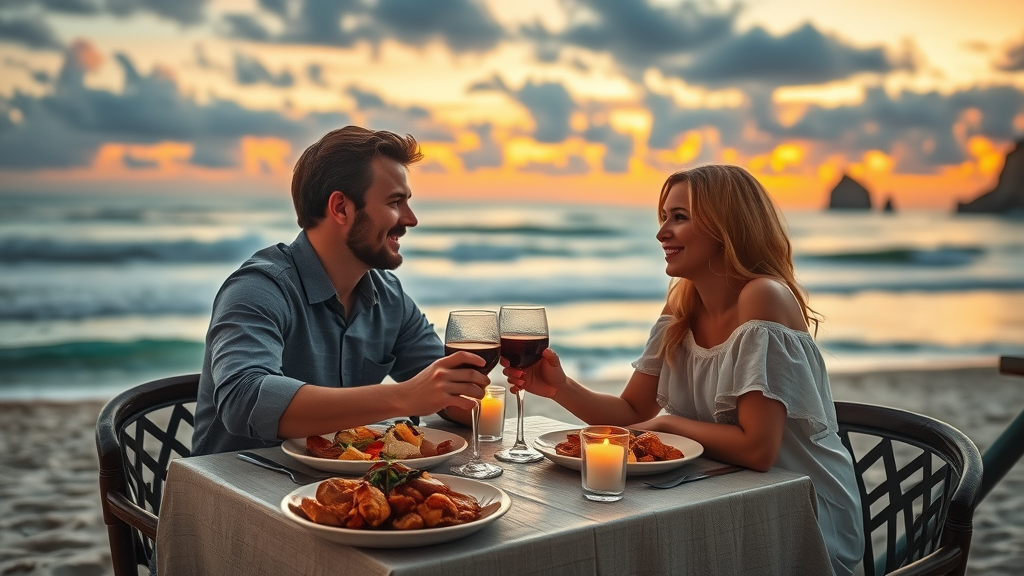 Oceanview and beachfront dining experiences Cabo with couple enjoying seafood at sunset