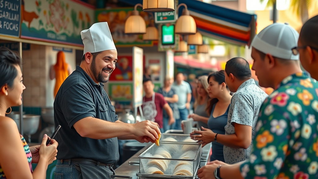 Casual local restaurants and street food dining experiences Cabo with colorful taco stands
