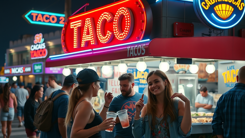 Late-night dining experiences Cabo with friends enjoying tacos under neon lights