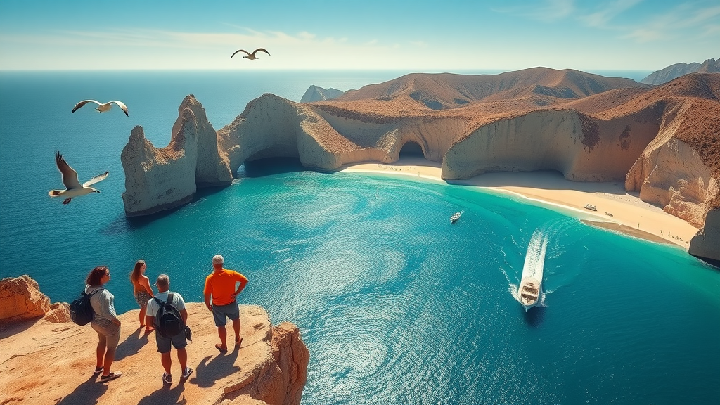 los cabos activities - Sunny coastal aerial of Cabo San Lucas, excitement and awe as travelers gaze at the Sea of Cortez, dramatic ocean bluffs, sparkling turquoise waters, boats, and seagulls — photorealistic high-resolution, vibrant blues, warm sandy hues, wide-angle lens 24mm.