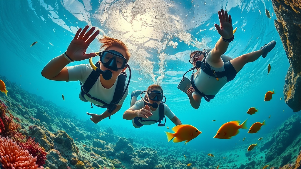 scuba diving - Divers explore vibrant coral reefs in Cabo San Lucas, colorful fish, photorealistic clear ocean waters, rock formations, air bubbles, beams of sunlight, high texture detail, blues, reds, yellows, fisheye lens 16mm.