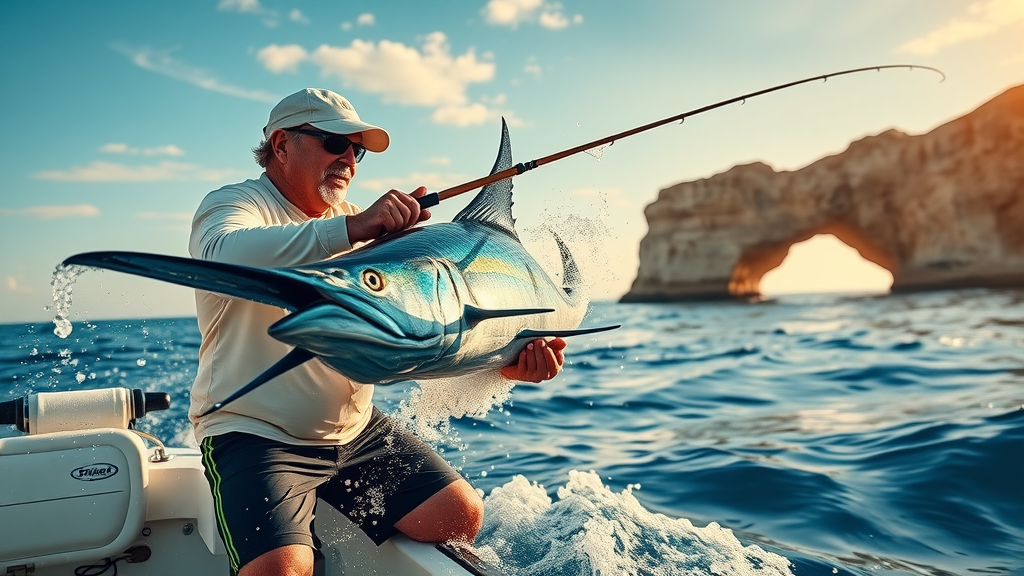 sport fishing in cabo san lucas - Angler reels in large marlin with El Arco in background, photorealistic on sport boat, splashing water, vivid sky, ultra-realistic textures, ocean blues, sparkling silvers, golden hour, telephoto 70mm.