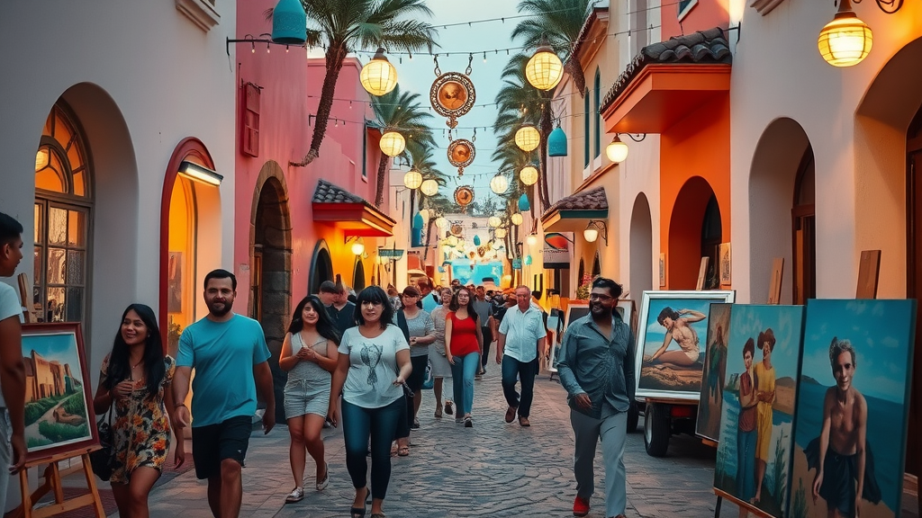 art walk in san jose del cabo - People stroll cobblestone lanes lined with art galleries, festive lights, artists, photorealistic vibrant color, dusk, high-fidelity depth, soft evening glow, 35mm prime lens.