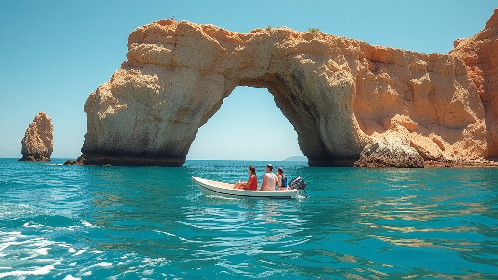 el arco cabo san lucas - Tourists in small boat admire the rock arch, gentle waves, seabirds, dramatic cliffs, photorealistic textured rock, natural sandy, azure, bright daylight, wide-angle 18mm.