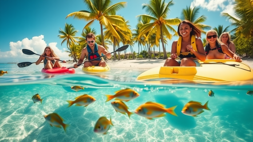 snorkeling and kayaking los cabos activities - Friends beach adventure with tropical fish, snorkeling, kayaking, sand beach, palm trees, sparkling water, vibrant gear, fine-grained sand, tropical palette, sunlight, action camera 20mm.