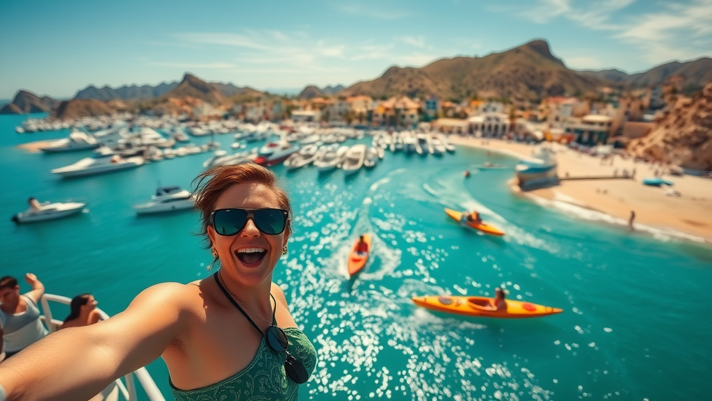 Vibrant aerial view of Cabo San Lucas coastline with tourists enjoying scenic ocean tours and turquoise water