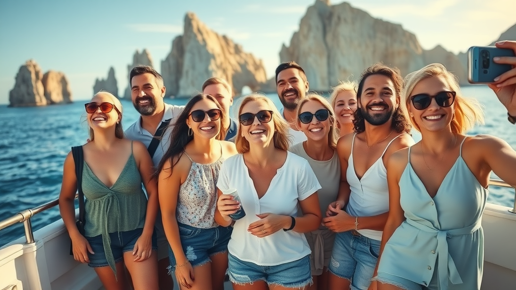 Joyful group of travelers on a Cabo San Lucas boat tour near iconic rock formations and blue water