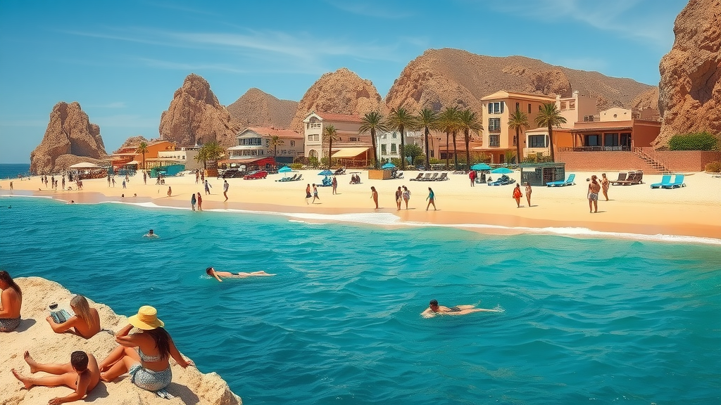 Scenic Cabo San Lucas beach during peak season, with families sunbathing and swimming