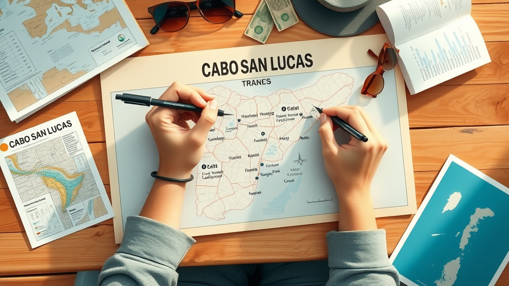 Inviting overhead map illustration of Cabo San Lucas featuring travel budget planning with maps, guidebooks, sunglasses, and scattered pesos on wooden desk