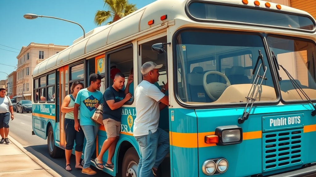 Local public bus in Cabo San Lucas, showing affordable transportation option for Cabo travel budget planning