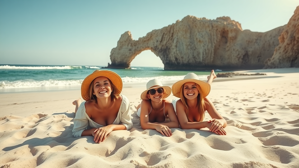 Serene Lovers Beach in Cabo San Lucas with joyful friends relaxing, exemplifying free beach activities for cabo travel budget planning