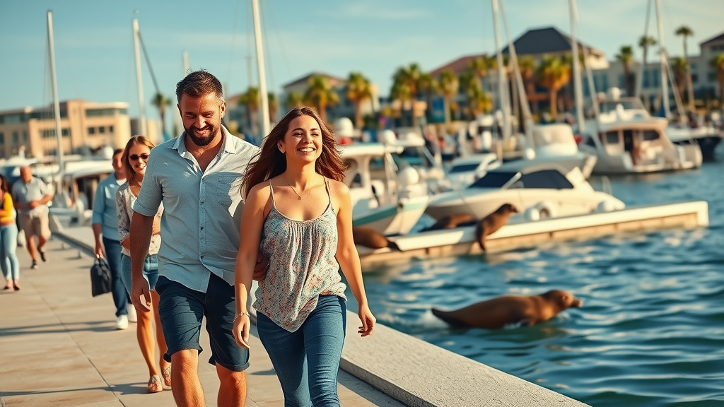 Families and couples walking along the Cabo San Lucas marina promenade enjoying sea lion watching, perfect for budget travelers