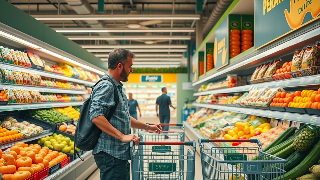 Modern local supermarket in Cabo with traveler choosing fresh produce, demonstrating smart shopping for cabo travel budget planning