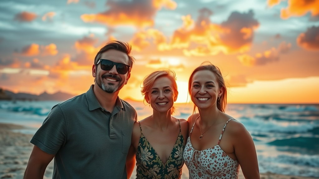 Happy travelers enjoying vibrant sunset at Cabo San Lucas beach, illustrating budget-friendly enjoyment in cabo travel budget planning