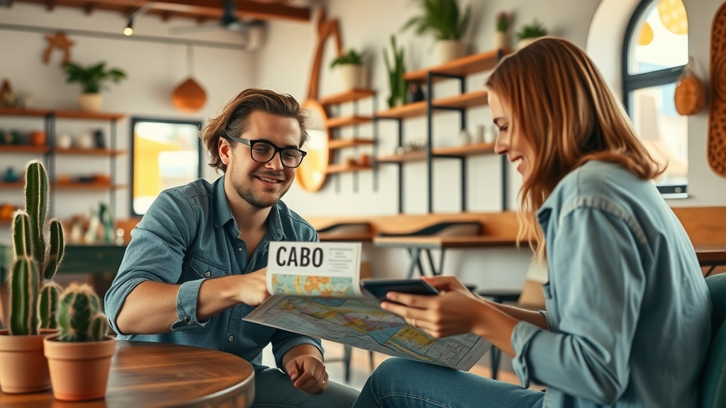 budget travel Cabo travelers mapping expenses in local cozy coffee shop