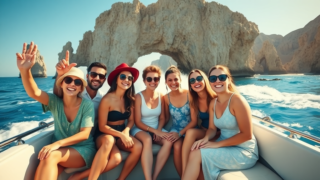 budget travel Cabo friendly group enjoying budget boat tour near Cabo