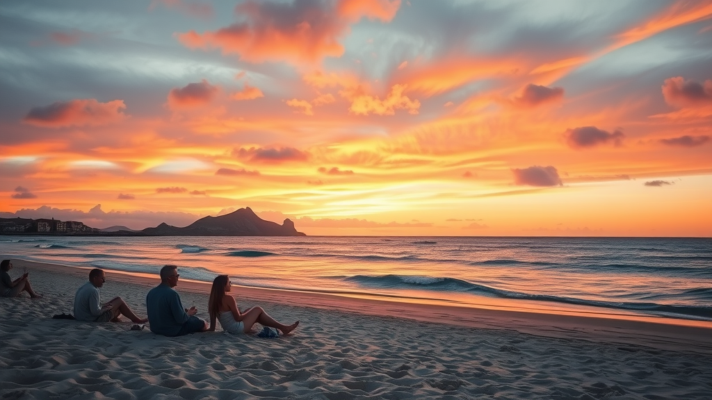 budget travel Cabo sunset over Medano Beach with relaxed travelers
