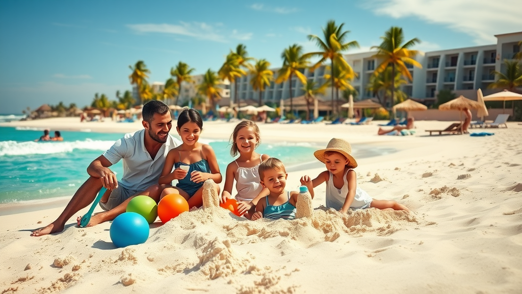 Lively beachfront family resort in Cabo with families and children playing, set on a sunlit beach with turquoise water and resort buildings in the background - best resorts in cabo for families