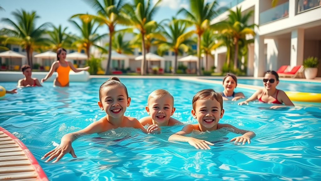 Modern resort pool in Cabo with smiling children and parents enjoying family activities - poolside cabanas and lifeguard, best family resorts in cabo