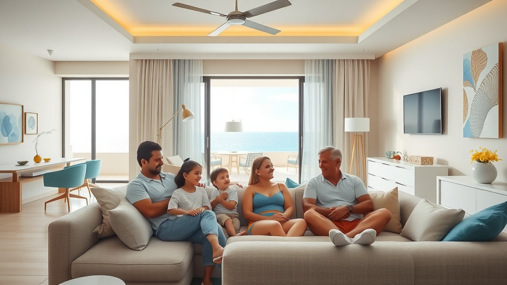 Spacious family suite in a luxury Cabo resort with parents and children relaxing, ocean view terrace, bright and airy room, best resort in cabo for families