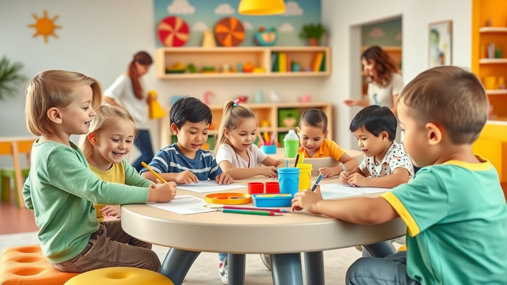 Vibrant kids’ club at a Cabo resort with children playing crafts and games, caring staff, and colorful safe play space, best resorts in cabo for families