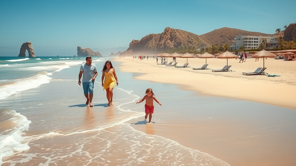 Medano Beach in Cabo San Lucas with happy families walking and playing, iconic Cabo arch in the distance - top location for family resorts in cabo