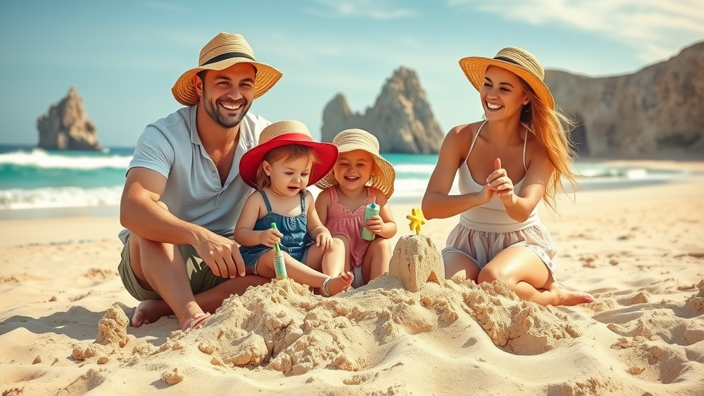 Vibrant family enjoying a Cabo beach — Joyful smiles, parents and children building a sandcastle together, styled as photorealistic set on a broad sandy shore with turquoise blue waves and distant rocky arches. Main keyword: cabo travel with kids.