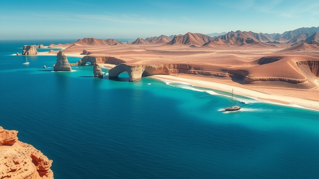 Scenic aerial coastline of Los Cabos — Serene coastline with dramatic rock formations and turquoise sea, perfect for cabo travel with kids.