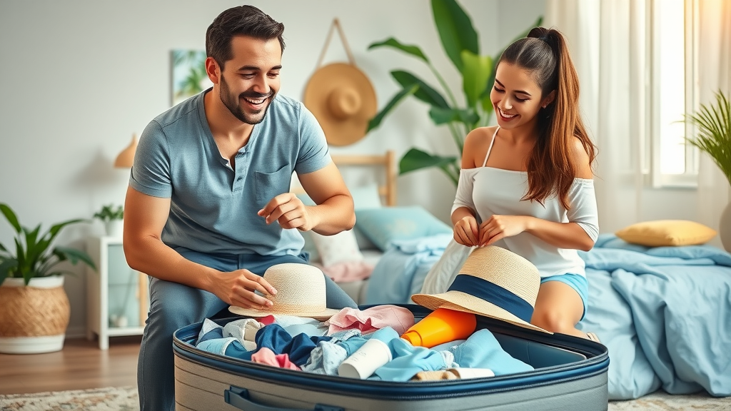 Organized family suitcase packing — Happy parent and child folding beach clothes, swimwear, sunscreen, travel toys, ideal for cabo travel with kids.