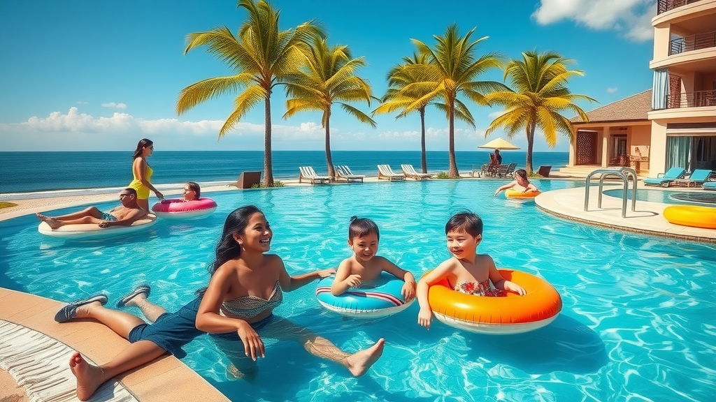 Luxurious family resort poolside — Smiling families enjoying infinity pool overlooking Cabo ocean, tropical greens, perfect for cabo travel with kids.