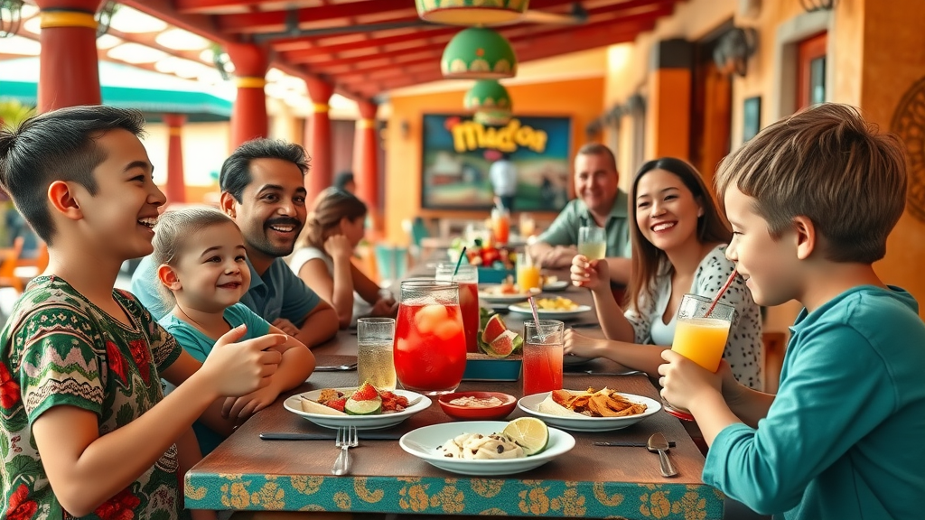 Colorful family dining scene in Cabo — Cheerful family tasting local cuisine at a vibrant Mexican restaurant, kid-friendly meals, cabo travel with kids.