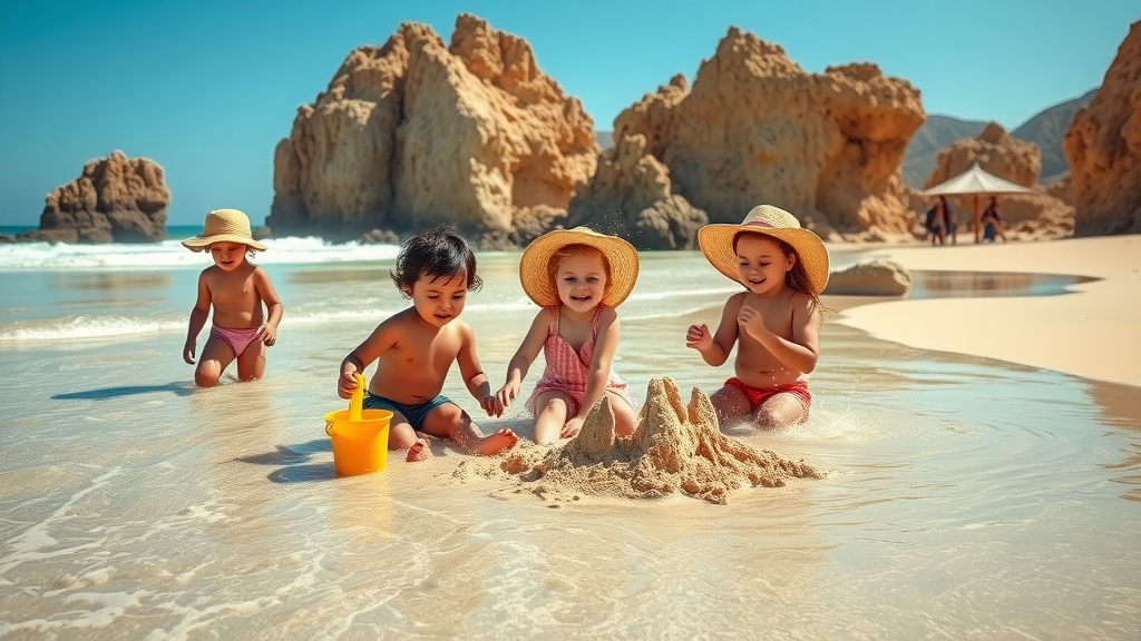 Playful children at Playa del Amor — Kids splashing and building sandcastles with clear surf and dramatic rocks, cabo travel with kids.