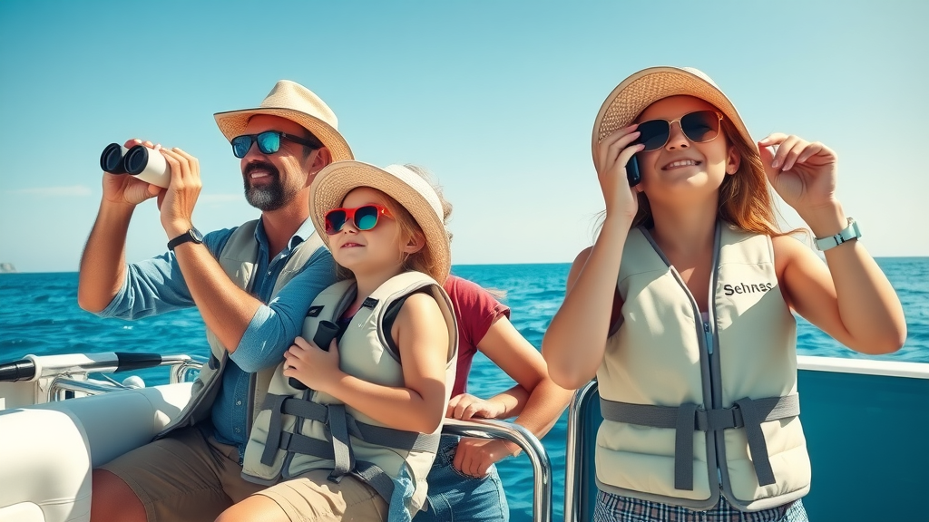 Family exploring on a boat tour — Parents and kids looking at whales or sea life from a boat, perfect for cabo travel with kids.