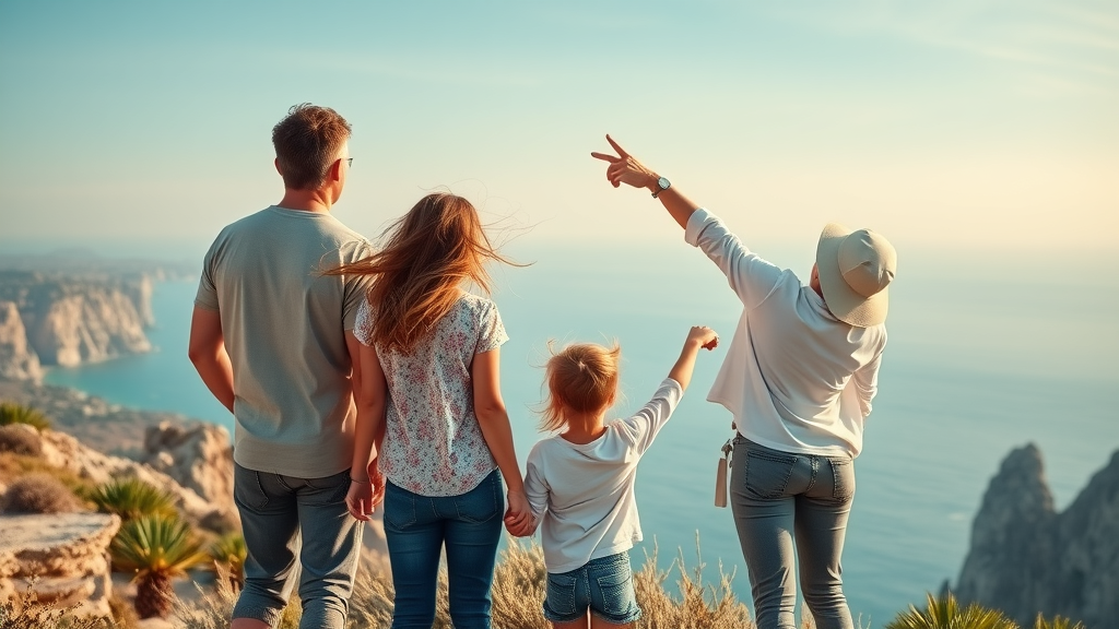 Relaxed parents with kids at a scenic overlook — Parents and kids admiring the Cabo coastline, happy and stress-free, cabo travel with kids.