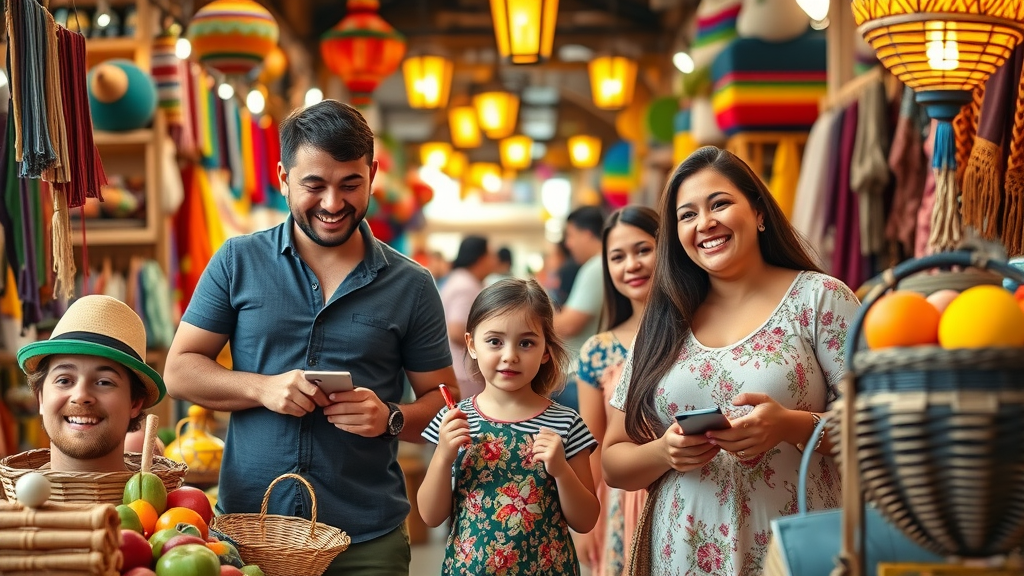 Smiling family exploring a colorful Los Cabos marketplace — Children and parents browsing crafts in a vibrant Mexican market, cabo travel with kids.