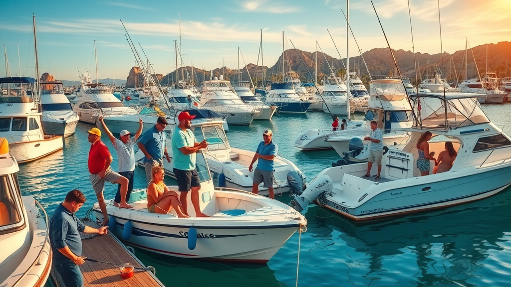Charter fishing trips - Vibrant Cabo marina at sunrise, group of anglers preparing gear on docked boats