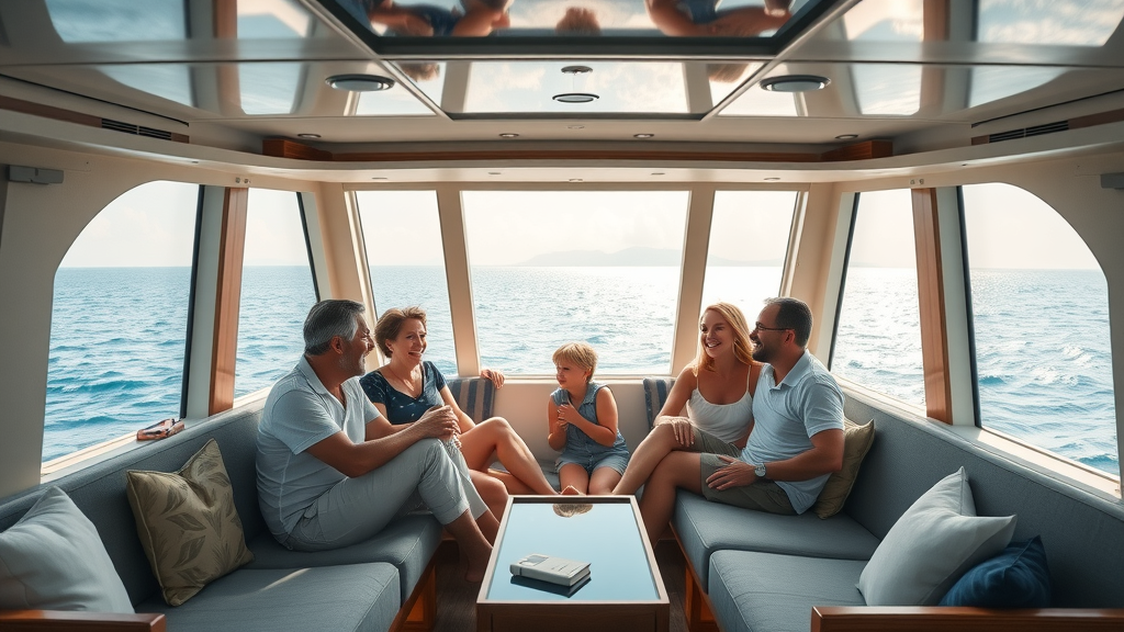 Private fishing charter - Family enjoying panoramic ocean views inside a luxury charter boat