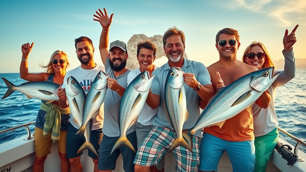 Fishing charter trip in Cabo - Group celebrating on boat with fresh catches and Cabo arch