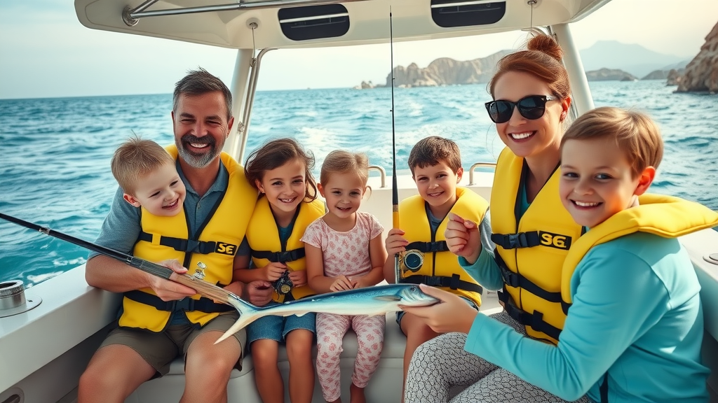 Family private fishing charter in Cabo with kids and captain learning fishing basics
