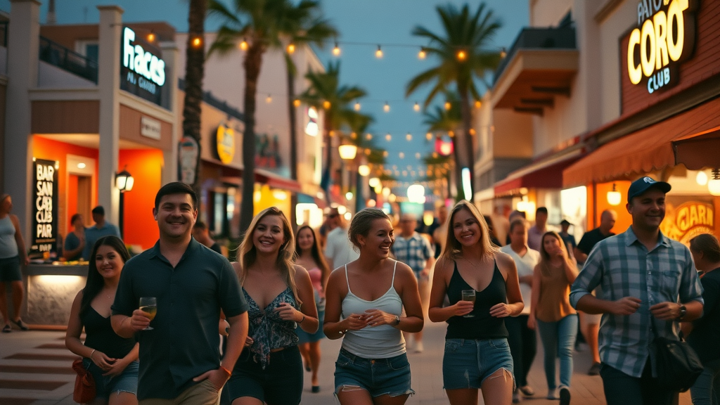 Nightlife street scene in Cabo San Lucas with groups of friends walking and laughing near bustling downtown bars and clubs glowing warmly at twilight