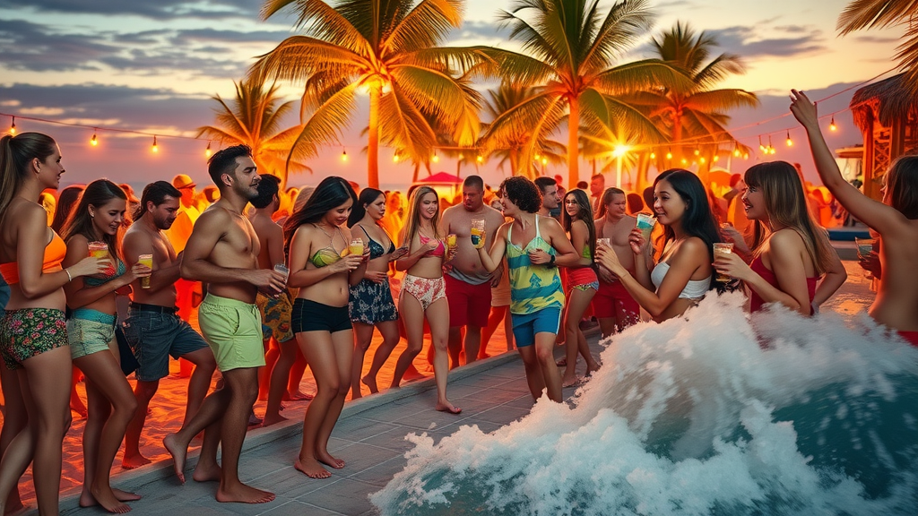 Vibrant beach bar in Cabo San Lucas with lively crowd enjoying tropical drinks and dancing barefoot at sunset