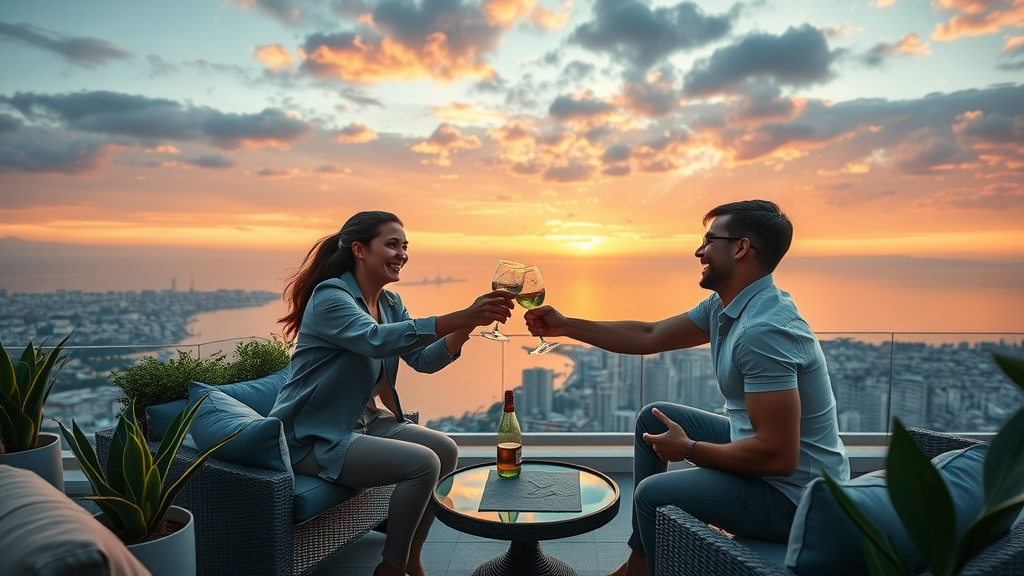 Chic rooftop lounge in Cabo San Lucas with friends clinking glasses at sunset overlooking panoramic ocean and city views
