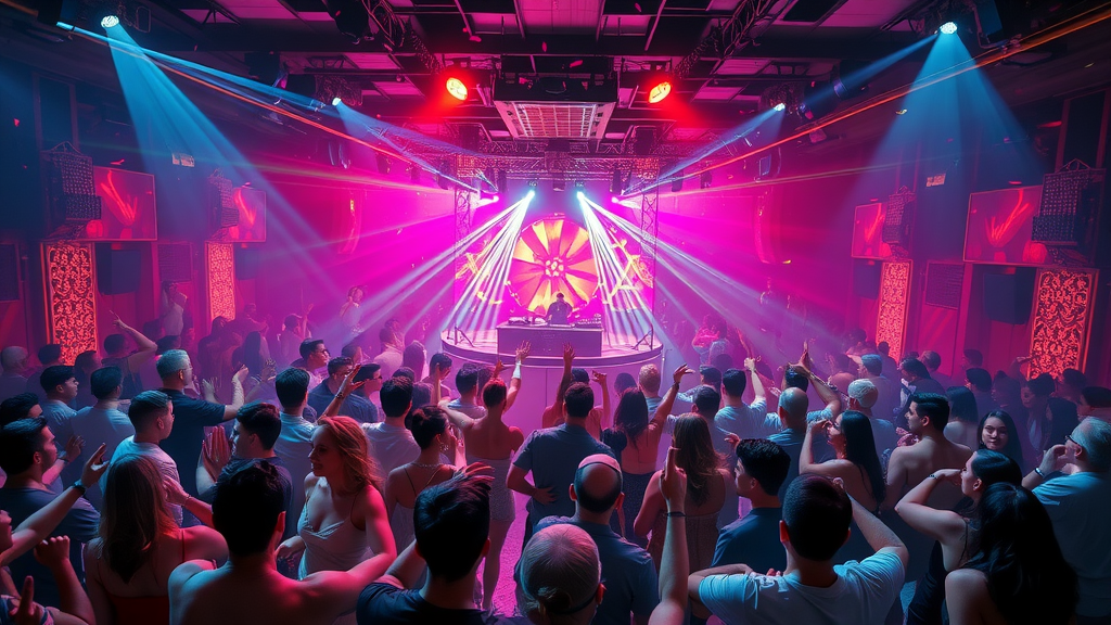 Electric nightclub dance floor in Cabo San Lucas with diverse crowd, vibrant lighting, DJ on stage, and laser shows