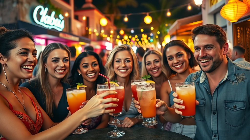 Group of diverse friends enjoying cabo nightlife with tropical cocktails and lively bar street in background
