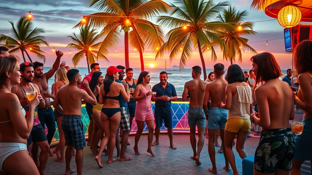 Vibrant beach bar with lively crowd enjoying tropical drinks and dancing barefoot at sunset in Cabo nightlife
