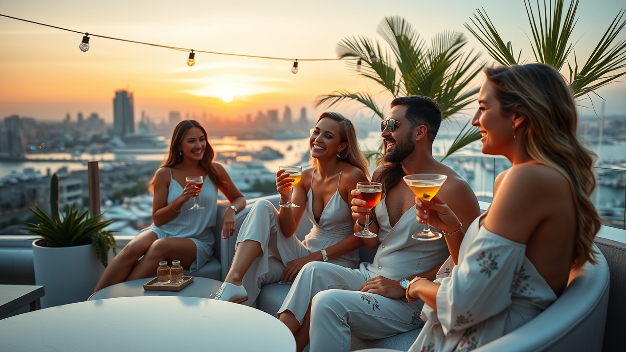 Chic rooftop lounge with guests enjoying cocktails and sunset views in Cabo nightlife scene