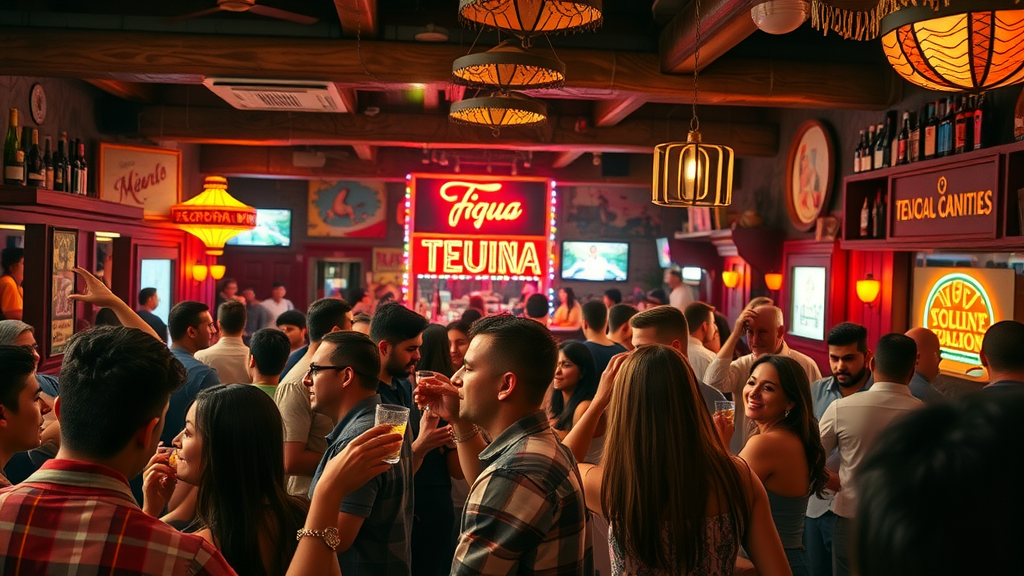 Lively Mexican cantina in Cabo San Lucas with crowd dancing and tequila shots, colorful decorations