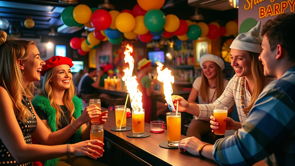 Playful themed bar in Cabo with guests in costumes playing party games and bartender preparing flaming shots